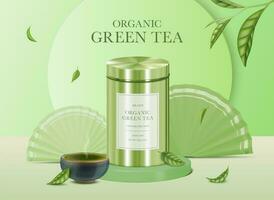 realistisch detailliert 3d organisch Grün Tee Anzeigen Banner Konzept Poster Karte. Vektor