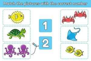 matematik pedagogisk spel för barn med hav djur. match de bilder med de korrekt siffra. räkning kalkylblad för förskola och skola ungar. tecknad serie sköldpaddor, krabbor, bläckfiskar och andra. vektor. vektor