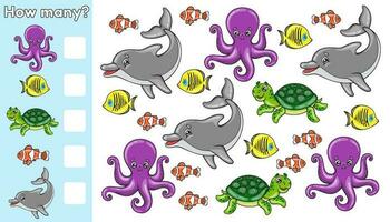 Zählen Spiel. Kinder Mathematik Spiel. Wie viele Meer Tiere. Anzahl Karikatur Delfine, Schildkröten, Kraken und Fische. lehrreich Arbeitsblatt zum Vorschule und Schule Kinder. Aktivität Buch. Vektor Illustration.