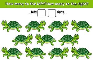 på vilket sätt många sköldpadda simma till de vänster och på vilket sätt många till de höger. matematik räkning spel för ungar. pedagogisk kalkylblad för förskola och skola barn. ark av aktivitet bok med hav djur. vektor. vektor