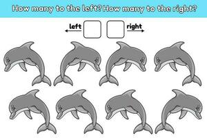 på vilket sätt många delfin simma till de vänster och på vilket sätt många till de höger. matematik räkning spel för ungar. pedagogisk kalkylblad för förskola och skola barn. aktivitet bok med tecknad serie hav djur. vektor. vektor