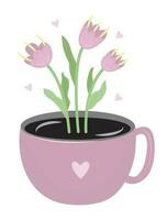 Rosa Tasse von Kaffee mit Rosa Tulpen, Fantasie bunt Illustration. ungewöhnlich drucken zum Kaffee und Blume Liebhaber vektor