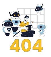 Roboter Wissenschaftler Labor Error 404 Blitz Botschaft. testen Android. ai Technologie. leeren Zustand ui Design. Seite nicht gefunden aufpoppen Karikatur Bild. Vektor eben Illustration Konzept auf Weiß Hintergrund
