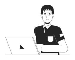 asiatisk studerande skriver på bärbar dator platt linje svart vit vektor karaktär. e inlärning. redigerbar översikt halv kropp person. hipster kille på anteckningsbok enkel tecknad serie isolerat fläck illustration för webb design