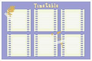 Zeitplan Klasse Zeitplan, wöchentlich violett Kalender. Veranstalter Information Vorlage, Film, Kamille drucken, Herbarium. vektor