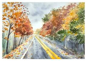 Aquarell Herbst Straße skizzieren. Aquarell Straße mit Orange Bäume auf das Seiten. vektor