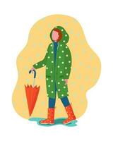 Herbst, fallen Jahreszeit. ein Mädchen, ein jung Frau im ein wasserdicht Regenjacke Regenschirm, Regenschirm geschlossen. gehen im das Park, Stadt. Regentropfen, Steigung Wetter, Wasser. Vektor Illustration, Hintergrund isoliert.