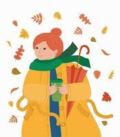 ein jung Frau, ein Mädchen im ein Regenjacke mit ein Glas von heiß Kaffee Spaziergänge im das Herbst Park. Herbst Blätter, geschlossen Regenschirm. glücklich Ausdruck. Vektor Illustration, isoliert Weiß Hintergrund.