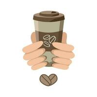 internationell kaffe dag. tecken, logotyp. händer innehav en disponibel kopp av kaffe. vektor grafik, vit isolerat bakgrund.