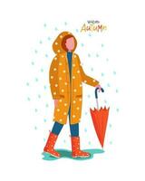 ein Mädchen und Regenschirm. Herbst. ein jung Frau im ein Regenjacke und Gummi Stiefel. Tropfen Regen. Jahreszeit, Wetter. Vektor Illustration, Hintergrund isoliert.
