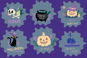 halloween klistermärken tecknade serier uppsättning design. halloween katt, pumpa, skalle, gravsten. grafisk bilder för affischer, affischer, flygblad vektor