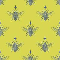 sömlös mönster med honung bi och stjärnor. dekorativ gul bakgrund med blå honung bi skiss. vektor ändlös textur för digital papper, tyg