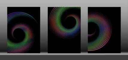 einstellen von abstrakt bunt Kreise Spiral- Linien Muster isoliert auf schwarz Hintergrund. Vektor Illustration Vorlagen mit Kopieren Raum