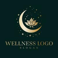 wellness vektor logotyp design. måne halvmåne och lotus blomma vektor emblem.