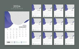 12 sida vägg kalender 2024, företag kalender mall, vecka Start söndag, vägg kalender i en minimalistisk stil vektor