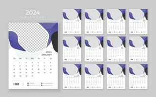 vägg kalender 2024, vektor vägg kalender 2024, företags- och företag planerare mall i engelsk, vecka Start söndag, vägg kalender i en minimalistisk stil