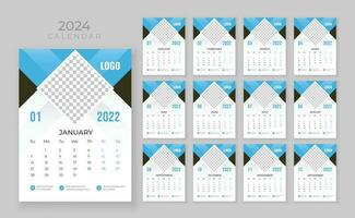 12 sida vägg kalender 2024, företag kalender mall, vecka Start söndag, vägg kalender i en minimalistisk stil vektor