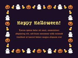 söt halloween kort ram mall. rektangel halloween gräns design med tecknad serie spöke, domkraft o lykta, pumpor, godis majs. social media baner vektor illustration