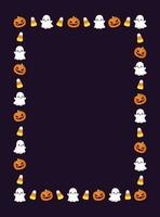 söt vertikal rektangel halloween ram mall. rektangulär halloween gräns med tecknad serie spöke, domkraft o lykta, pumpor, godis majs. social media baner vektor illustration