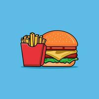 uppsättning av hamburgare, franska pommes frites, soda och kaffe isolerat. snabb mat Produkter i platt stil på blå bakgrund. vektor illustration