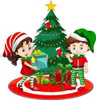 Kinder tragen Weihnachtskostüm-Zeichentrickfilmfigur mit Weihnachtsbaum auf weißem Hintergrund vektor