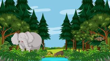 Wald am Tag Szene mit einem großen Elefanten und anderen Tieren vektor