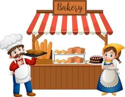 Vorderseite des Bäckereigeschäfts mit Bäcker lokalisiert auf weißem Hintergrund vektor