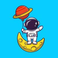 söt astronaut stående på måne och innehav planet ballong tecknad serie vektor ikon illustration. teknologi vetenskap ikon begrepp isolerat premie vektor. platt tecknad serie stil