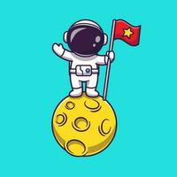 Astronaut halten Flagge auf Mond Karikatur Vektor Symbol Illustration. Raum Wissenschaft Symbol Konzept isoliert Prämie Vektor. eben Karikatur Stil
