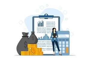 finansiell Rapportera begrepp, Rapportera med bearbetning siffror och mynt som visar finansiell data, företag kvinna stående och hantera finansiell data rapporterar. platt vektor illustration på en vit bakgrund.