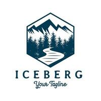 Eis Schnee Berg Hügel Bach Fluss und Kiefer Bäume Jahrgang retro Stil zum Abenteuer Abzeichen Logo Design Vektor