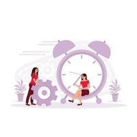 flexibel Arbeiten Std. jung Mädchen Sitzung auf das groß Uhr. Zeit Verwaltung und Geschäft Konzept. Trend modern Vektor eben Illustration