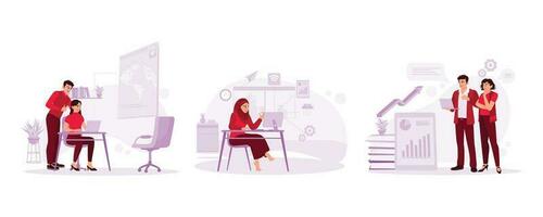 jung Paar suchen beim das Laptop Bildschirm. Muslim Frauen Unternehmer Arbeit beruflich. jung männlich Arbeiter erklären ein Geschäft Idee zu ein Mitarbeiter. Trend modern Vektor eben Illustration.