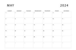 Maj 2024 kalender. en gång i månaden planerare mall. söndag Start. vektor design