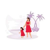 Mutter und Tochter wurden lächelnd und spielen zusammen auf das Strand. Trend modern Vektor eben Illustration
