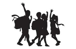 Vektor Silhouette von Gruppe von Kinder Tragen Schule Taschen gehen zu Schule auf Weiß Hintergrund. Symbol von Schule und Ausbildung, zurück zu Schule