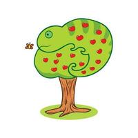 Kinder Zeichnung Karikatur Vektor Illustration süß Chamäleon versteckt im das Apfel Baum isoliert auf Weiß Hintergrund