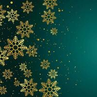 glad jul och Lycklig ny år text med vit och guld snöflinga på grön bakgrund vektor