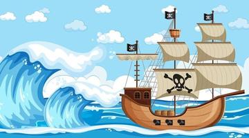 Ozeanszene zur Tageszeit mit Piratenschiff im Karikaturstil vektor