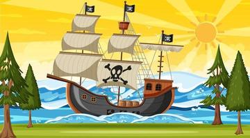 Ozean mit Piratenschiff bei Sonnenuntergangzeitszene im Karikaturstil vektor