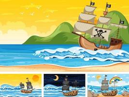 Satz von Ozeanszenen zu verschiedenen Zeiten mit Piratenschiff im Cartoon-Stil vektor