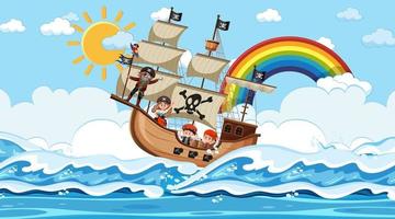 Strand mit Piratenschiff bei Tagesszene im Cartoon-Stil vektor