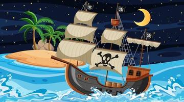 Ozean mit Piratenschiff bei Nachtszene im Karikaturstil vektor