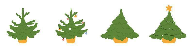 handgemalt Weihnachten Baum Symbol. festlich Weihnachten Fichte. Grün Tanne Karikatur mit dekoriert Ornamente. eben Abbildungen isoliert auf Weiß Hintergrund. vektor