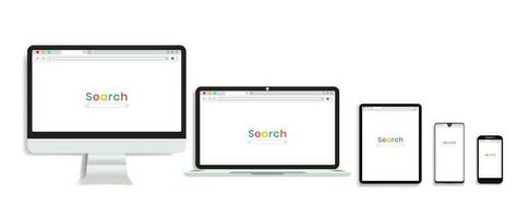 tre browser fönster och Sök bar, browser i platt stil för hemsida vektor