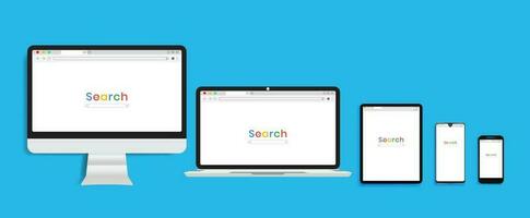 drei Browser Fenster und Suche Bar, Browser im eben Stil zum Webseite vektor