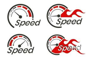 Geschwindigkeit Logo mit das Tachometer Konzept ist isoliert auf ein Weiß Hintergrund. vektor