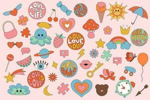 tecknad serie uppsättning av vektor element i marionett stil. klistermärken och märken i hippie stil med räffla kärlek text, stjärnor, nyckel, väska, godis, Sol, moln, manet, vattenmelon, fjäril, blommor, hjärtan.