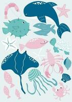 söt ritad för hand affisch med hav djur. val, fisk, manet, krabba, hummer, räka i tecknad serie stil. vektor