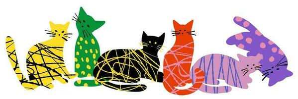 illustration med texturerad färgrik söt katter isolerat på vit Färg bakgrund vektor